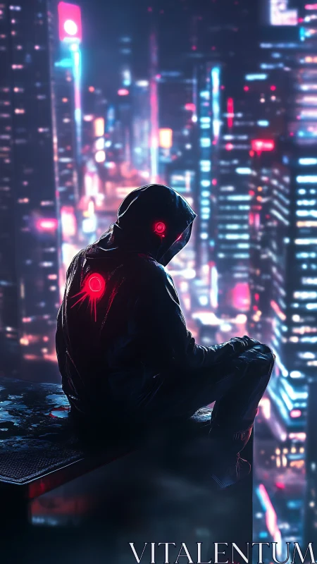 Hooded figure sits on ledge above dense neon cityscape at night