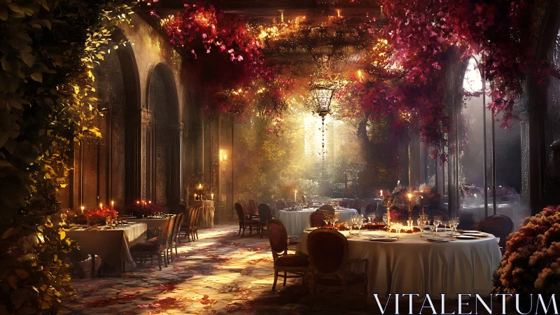 Formal dining hall with floral ceiling and candlelit tables.