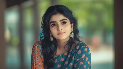 Portrait of a young woman in traditional attire, soft natural light.