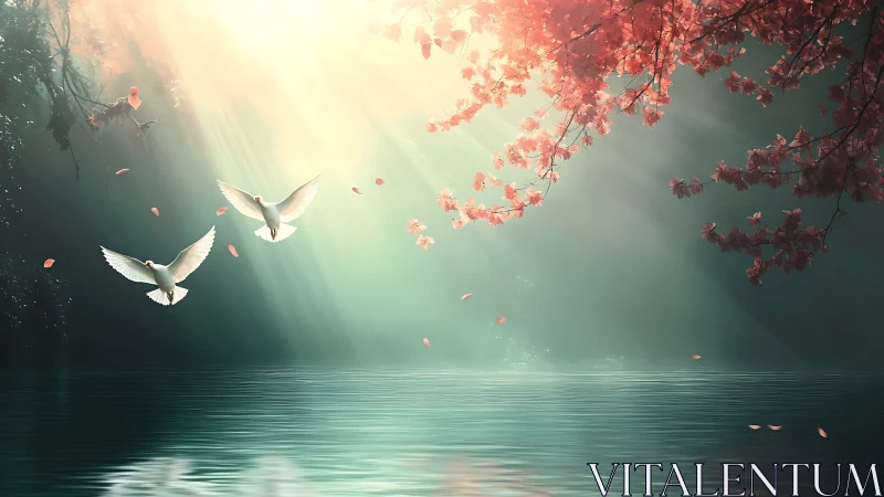 Doves in luminous dawn over tranquil blossom lake scene.