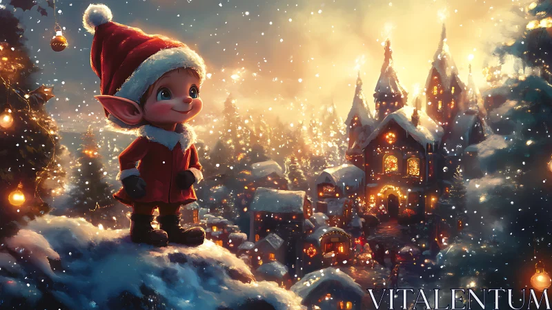 Elf in red coat surveys luminous snowy village under glowing sky