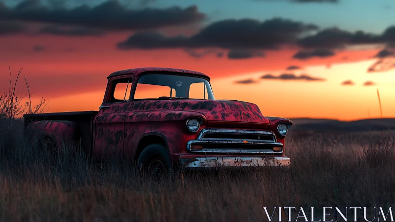 Sunset rests gently on an old red pickup in tall grass