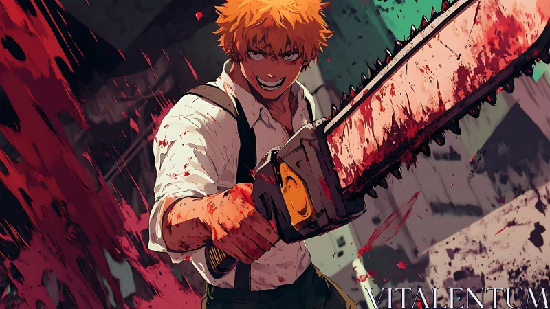 Bloodied anime fighter wields massive chainsaw in battle.
