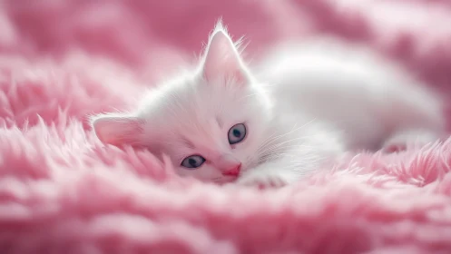 White Cat on Pink Textured Surface.