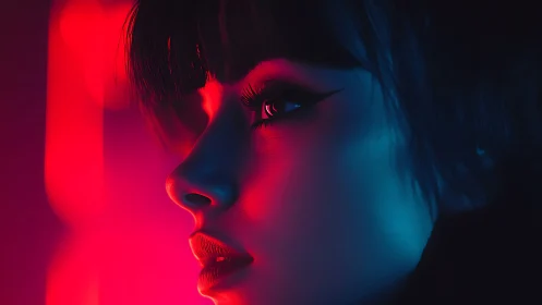 Side profile of woman in red and blue neon lighting.