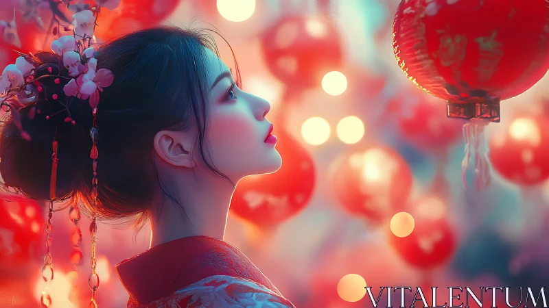 Profile of woman in kimono with lanterns and floral hairpin.