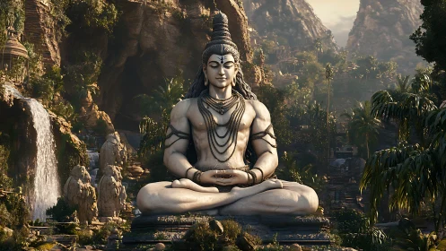 Colossal meditative deity statue in lush canyon sanctuary.