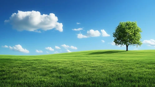 Single deciduous tree on sunlit grass hill under high-contrast sky