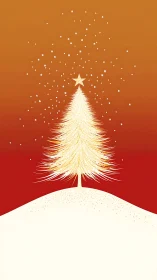 Golden stylized tree stands on curved snowfield under gradient sky