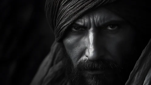 Intense turbaned portrait glows with quiet strength and focus
