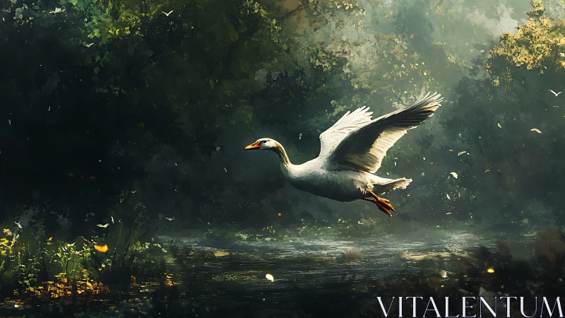 White goose flies low over reflective forest river surface