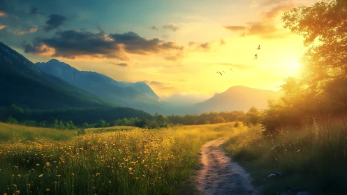 Mountain valley path under low sun with cloud and bird forms.