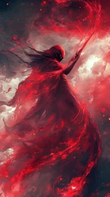 Hooded crimson specter channels vortex of particulate plasma arcs