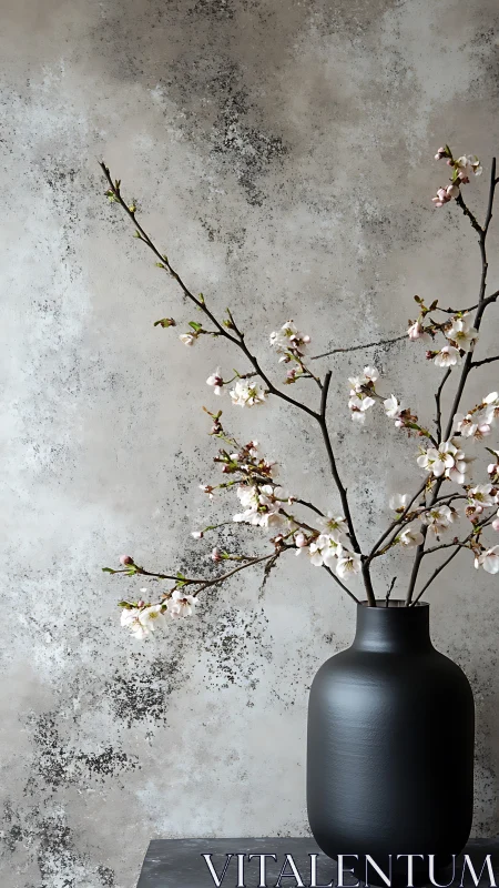 Dark ceramic vase with flowering branches against mottled wall.
