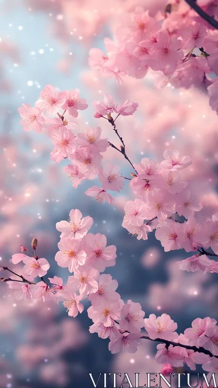 Cherry Blossom Branches with Soft Bokeh Sky.