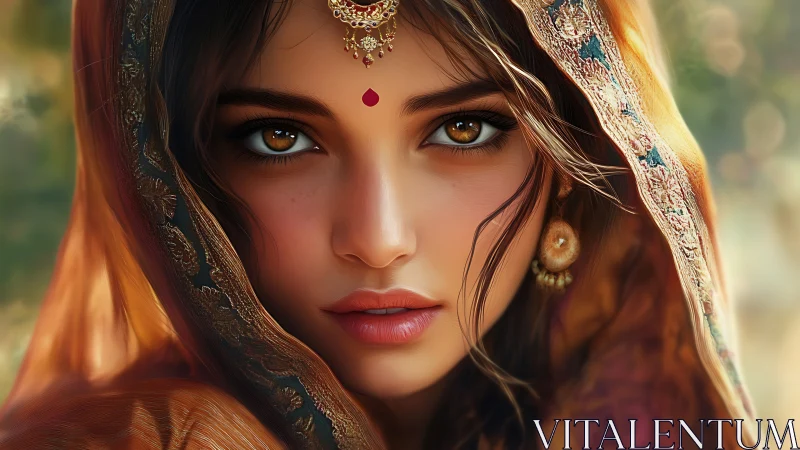 Gilded gaze of a veiled beauty in sunlit autumn hues.