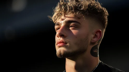 Young man in golden edge light with intense upward gaze.