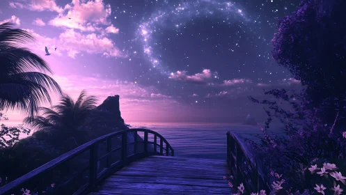 Starlit tropical boardwalk opens onto a tranquil violet sea