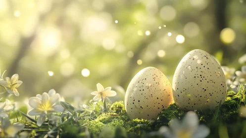 Speckled eggs on moss with white flowers in soft focus.