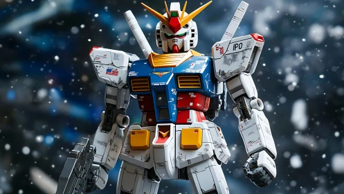 Battle-worn mecha robot in snowy cinematic depth of field.