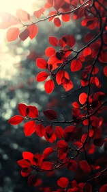 Scarlet leaves on branch against soft glowing bokeh background.