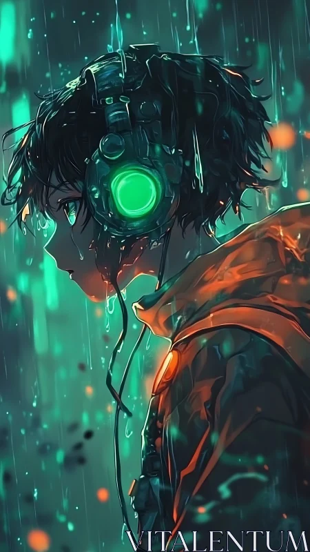 Wet-haired youth with neon headphones in rainy cityscape.
