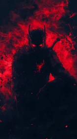 Demonic swordsman emerges from crimson inferno with glowing eyes