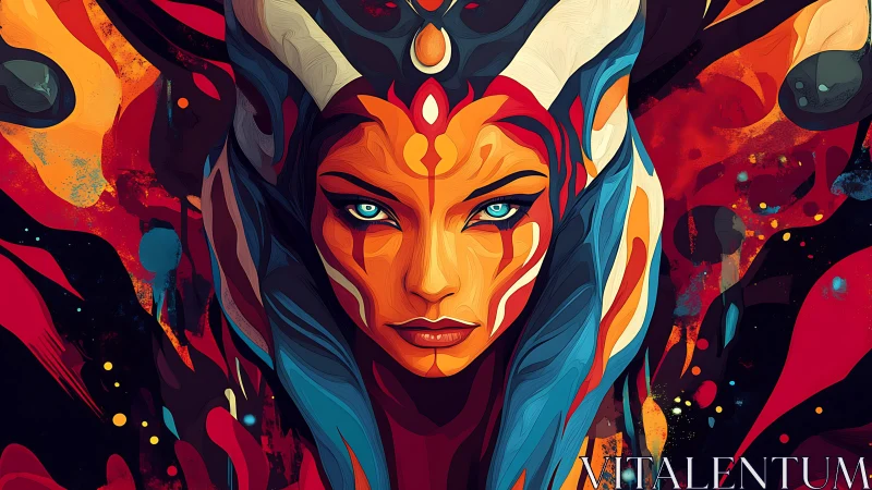 Chromatic horned sorceress portrait in vector fluid dynamics.