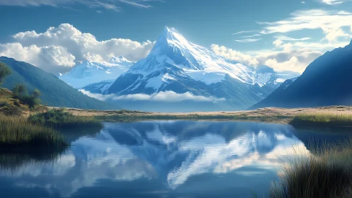 Snowcapped peak mirrored in tranquil alpine lake panorama.