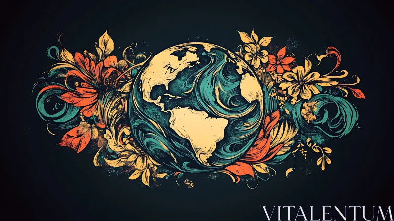 Stylized Earth surrounded by swirling floral illustrations