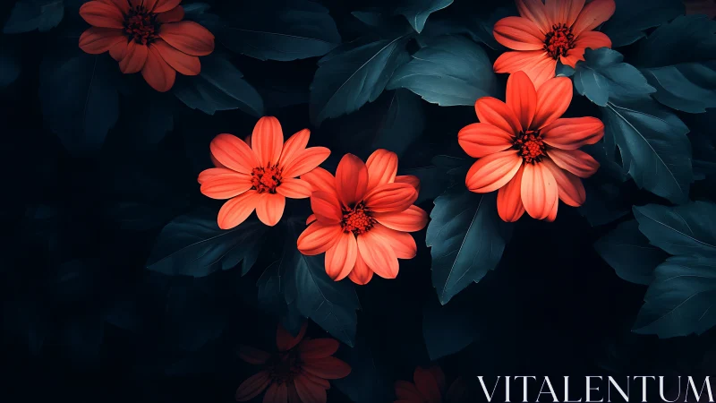 Red daisies against dark background with foliage.