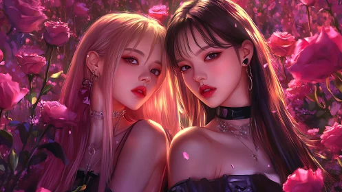 Two stylized young women pose closely amid dense pink roses