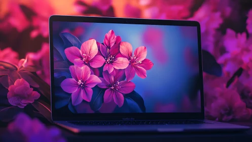 Laptop screen blooms into neon petals and digital springtime