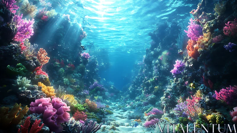 Colorful coral reef canyon under clear tropical water.