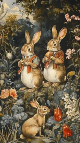 Victorian woodland rabbits in ornate floral digital painting.