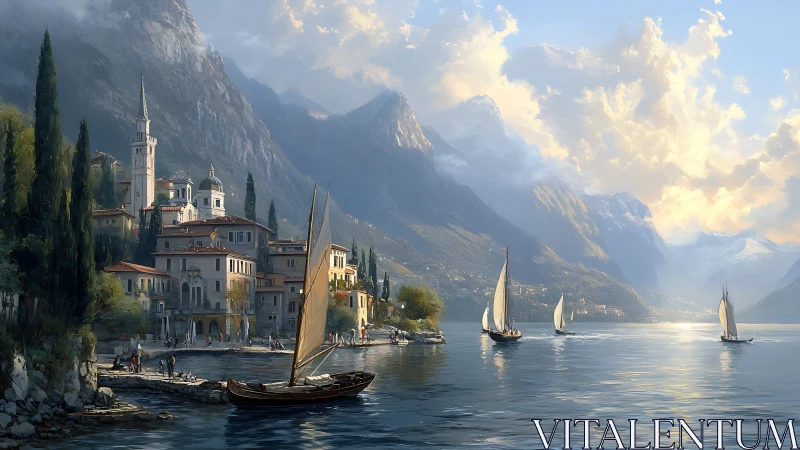 Serene lakeside town with sailing boats and steep mountains.