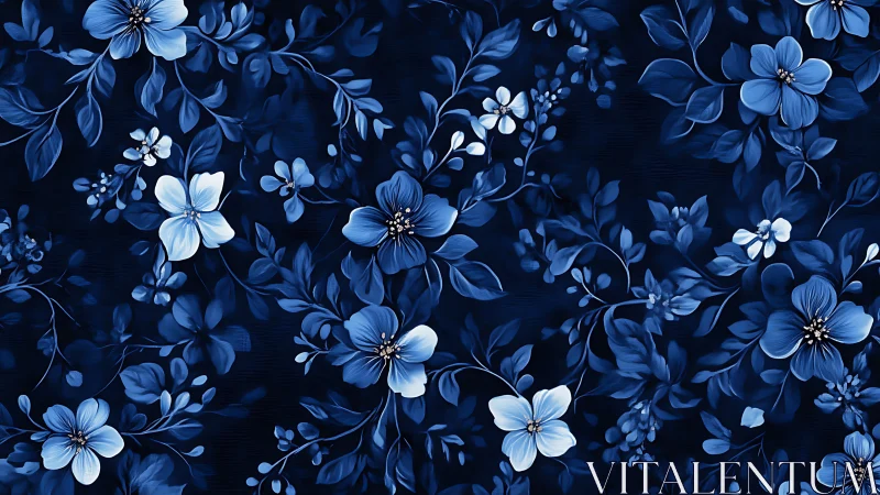 Deep Indigo Floral Composition with Cascading Blue Botanical Elements.