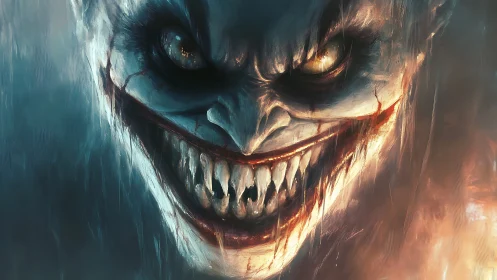 Sinister demonic clown lunges from firelit shadows, grinning wide