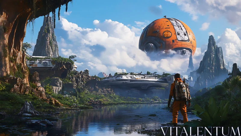 Explorer gazes toward a floating orange sci fi sphere world.