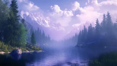 Misty alpine lake with pine forest and distant peaks.