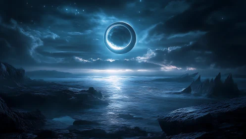 Luminous celestial ring over crystalline alien shoreline.