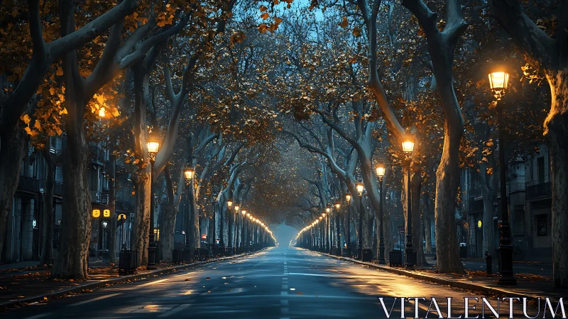 Photorealistic autumn boulevard with lamplit linear perspective.