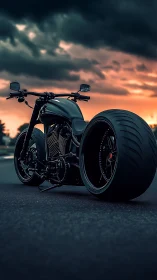 Low-angle analysis of wide-tire custom motorcycle at dusk.