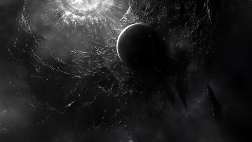 Concept art of fractured cosmic void with eclipsed planet.