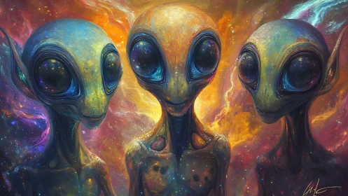 Stellar alien trio emerge within swirling cosmic nebula glow.