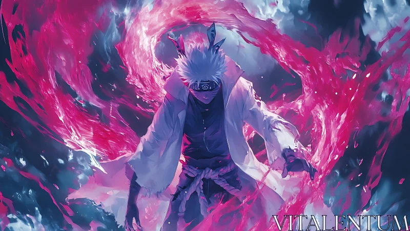 Stormborn ninja strides through raging crimson chakra tide.