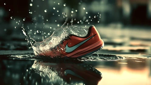 Bold running shoe splashing through water with lively energy.