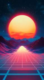 Neon horizon road leading into a glowing retro sunrise.