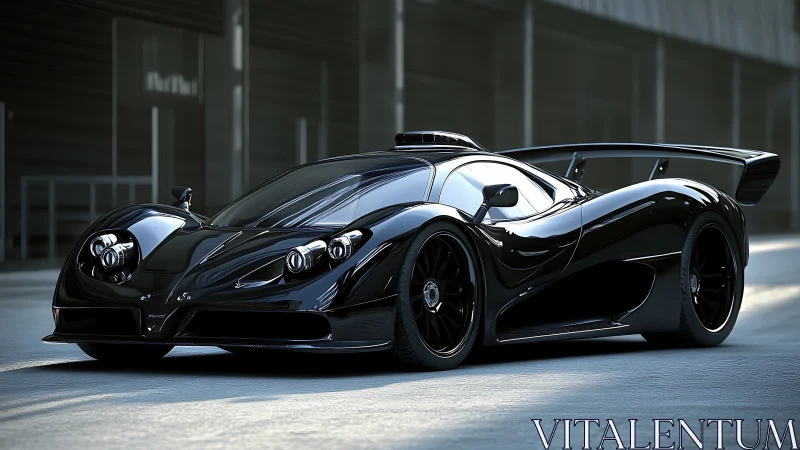 Rendered black hypercar is parked in an urban environment