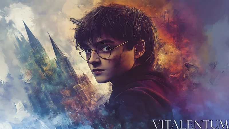 Young wizard in swirling magical storm of color and light.